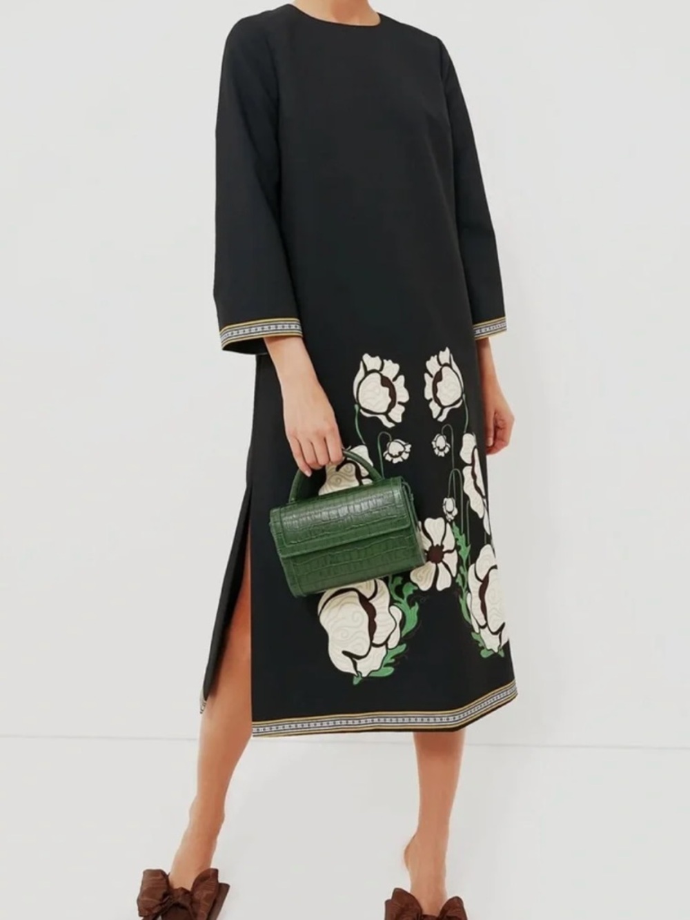 Tuckernuck Moonflower Bouquet Hutton Midi Dress Tunic Black 3/4 Sleeve Large NWT